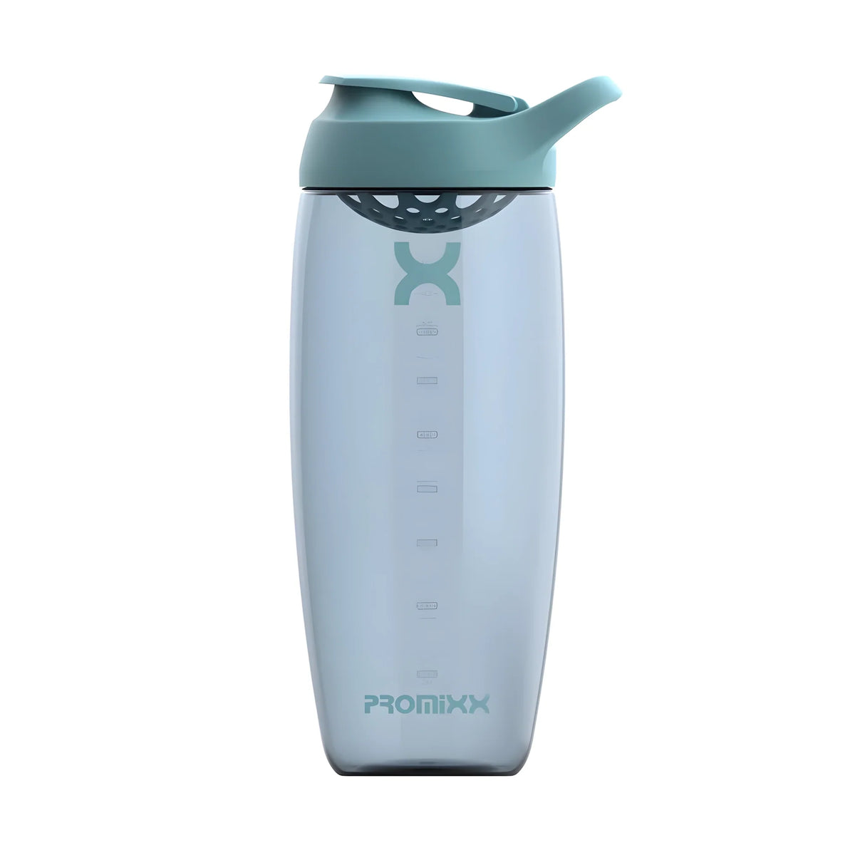 ProMixx Pursuit Shaker Bottle 950 ml med transparent glasliknande yta, inbyggd agitator och ljusgrönt lock., bild 2 av 5