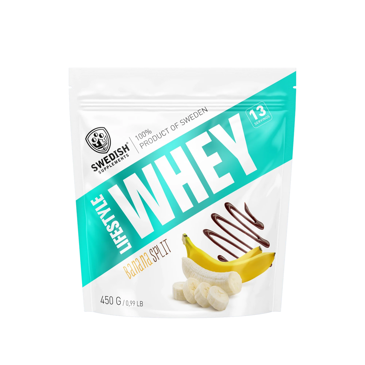 Swedish Supplements Lifestyle Whey 450 g proteinpulver i en vit och turkos påse för smaken Banana Split., bild 1 av 8