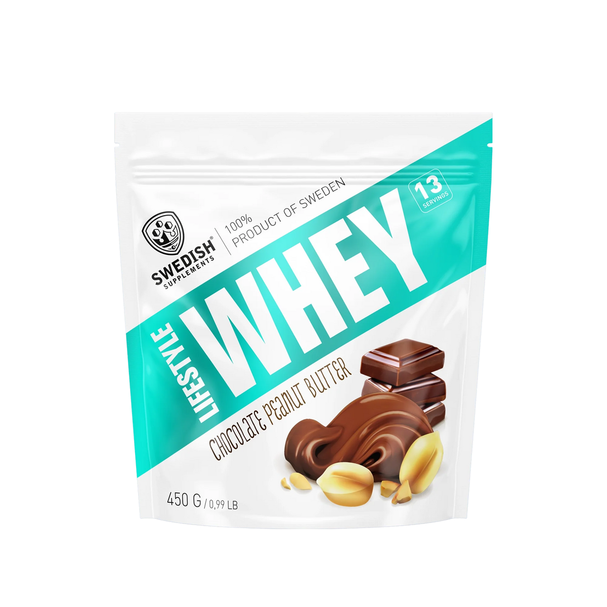 Swedish Supplements Lifestyle Whey 450 g proteinpulver i en vit och turkos påse för smaken Chocolate Peanut Butter., bild 3 av 8