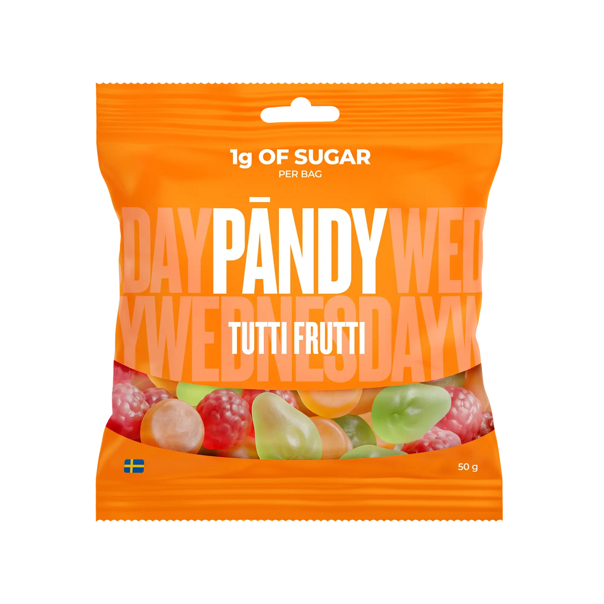 Pändy Candy 50 g Tutti Frutti i en orange påse med bild på färgglada gelégodisar.