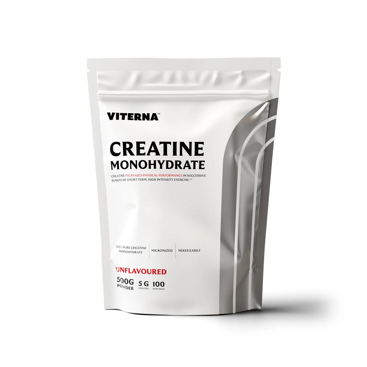 Viterna Ignited Pure Creatine 500 g kreatinpulver i en vit påse med röda detaljer utan smak., bild 1 av 1