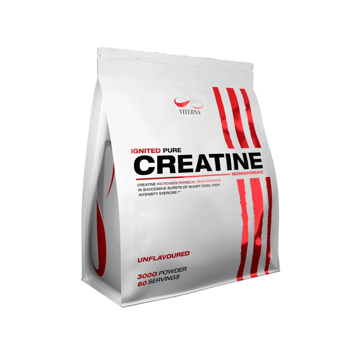 Viterna Ignited Pure Creatine 300 g kreatinpulver i en vit påse med röda detaljer, utan smak.