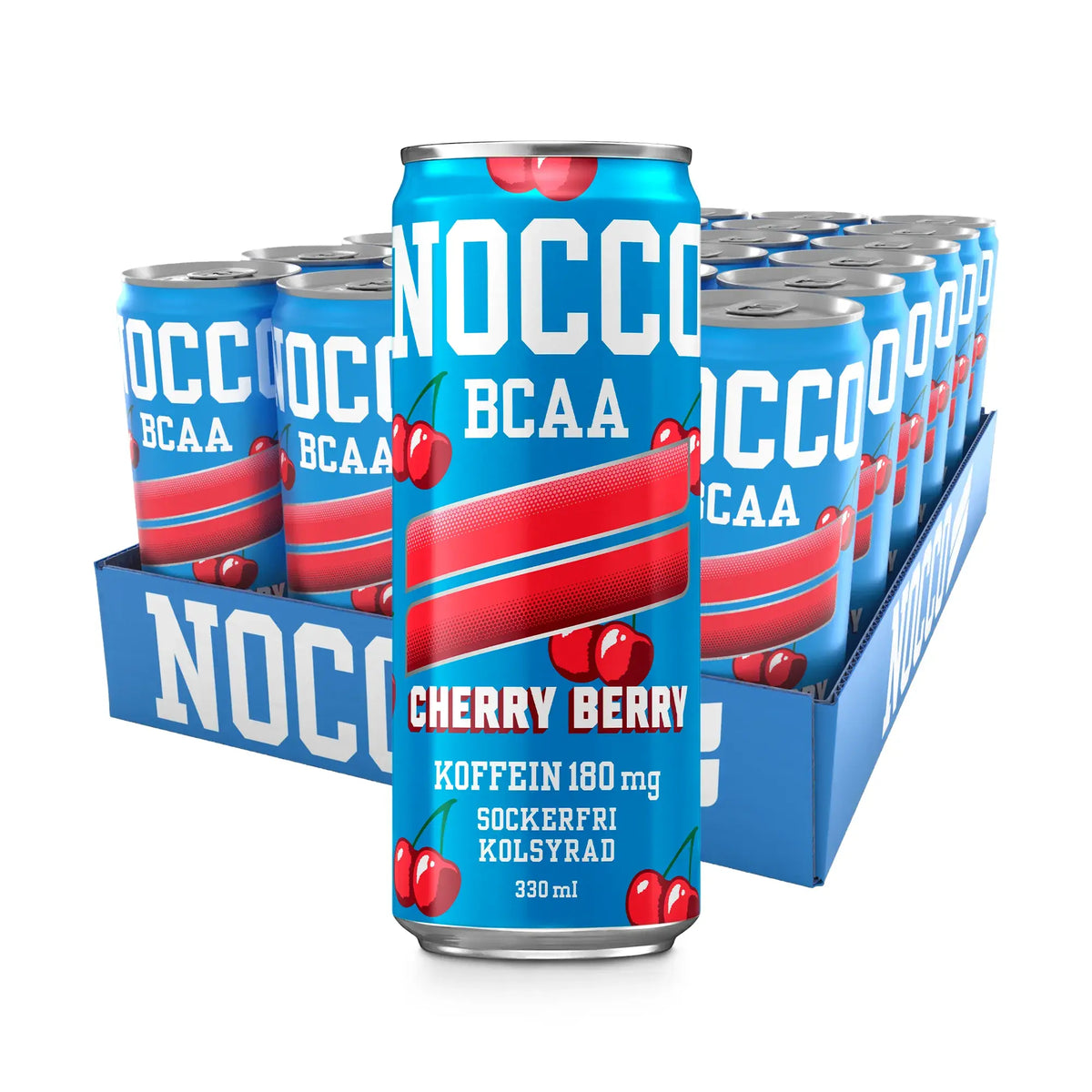 24 x NOCCO BCAA 330 ml Cherry Berry i ett flak med ljusblå burkar och röda körsbärsmotiv.
