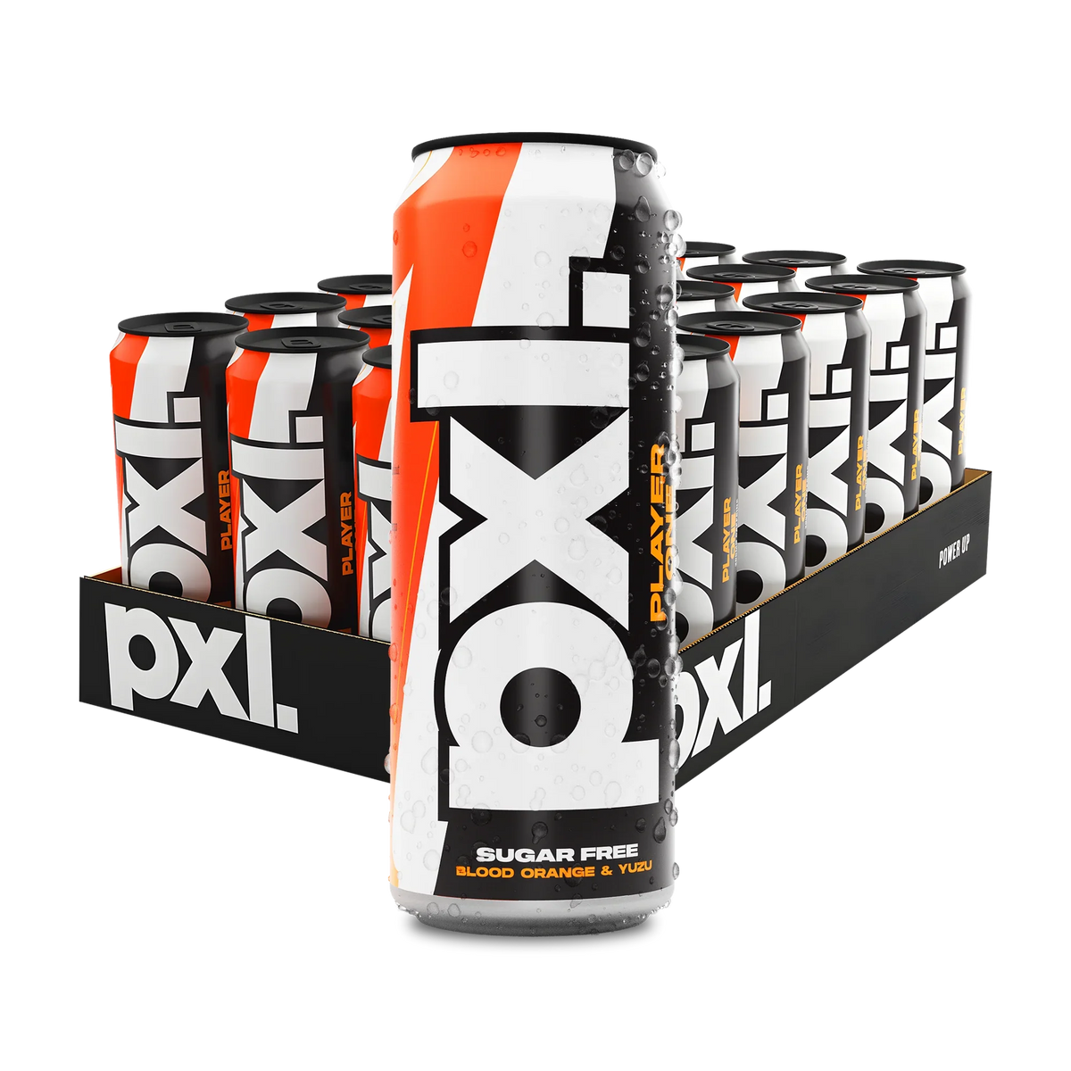 24 x PXL Energy 500 ml Player One energidryck i ett flak med vita, svarta och orangea burkar för smaken blodapelsin.