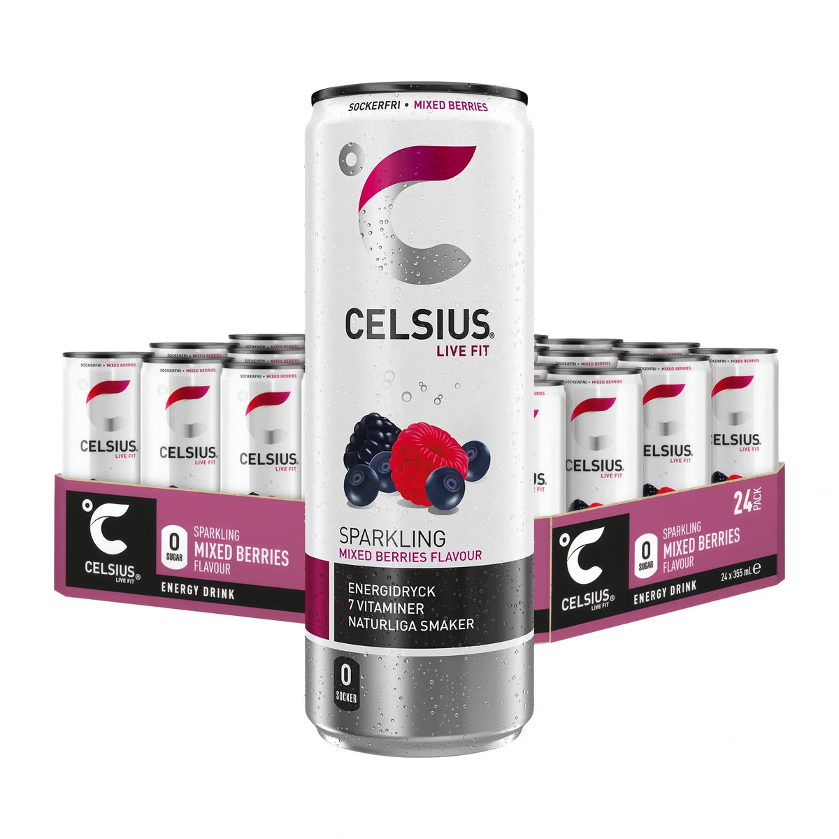 24 x Celsius 355 ml Mixed Berries energidryck i ett flak om 24 burkar med en vit och silvrig burk med bärmotiv i förgrunden.