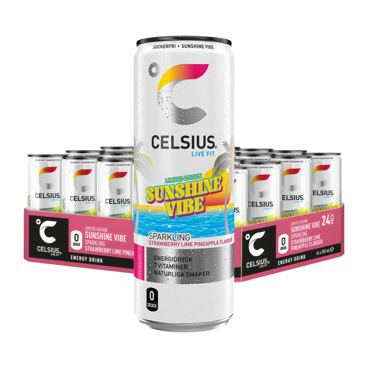 24 x Celsius 355 ml Sunshine Vibe i ett flak med vita burkar och rosa detaljer med smak av jordgubb, lime och ananas., bild 1 av 1