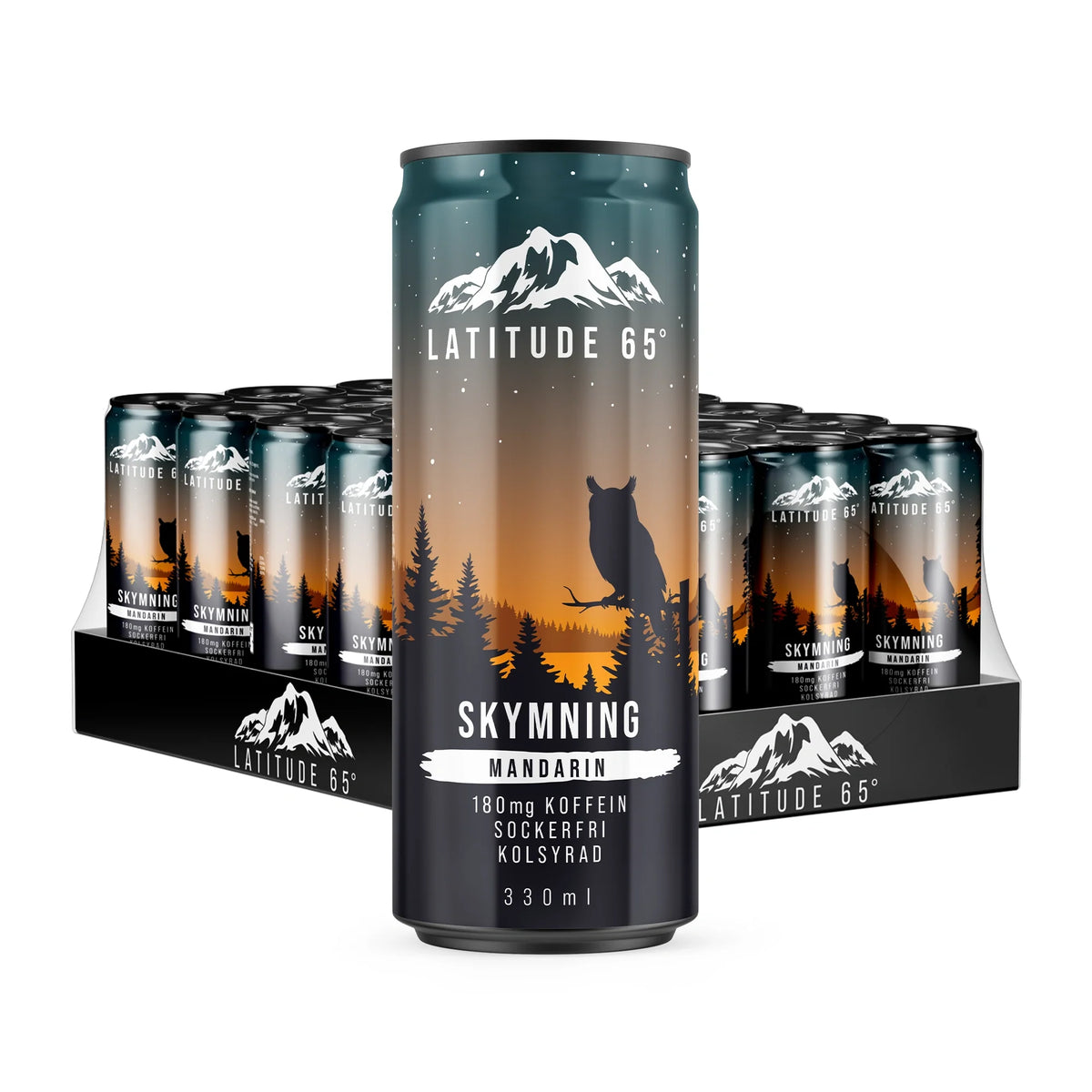 24 x Latitude 65 330 ml Skymning - Mandarin kolsyrad dryck i ett 24-pack med svarta burkar och orange skymningsmotiv., bild 1 av 1