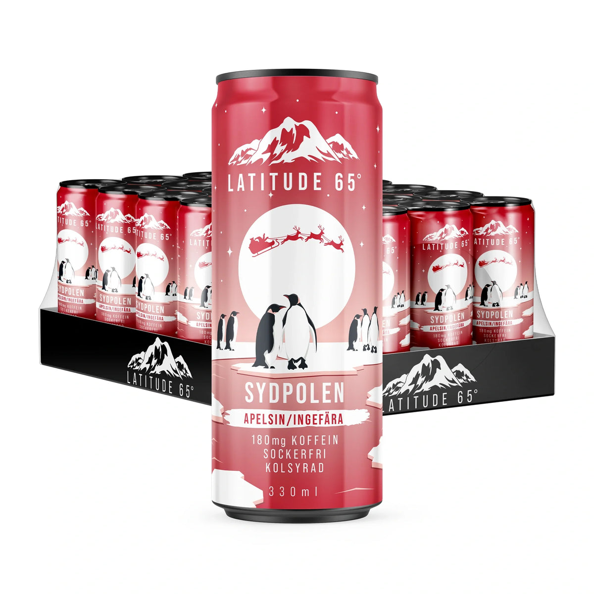 24 x Latitude 65 330 ml Sydpolen – Apelsin/Ingefära kolsyrad dryck i ett 24-pack med en röd burk i förgrunden.