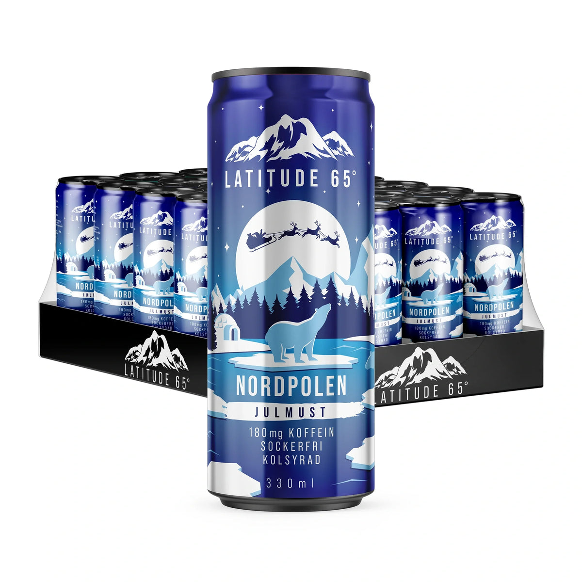 24 x Latitude 65 330 ml Nordpolen - Julmust kolsyrad dryck i ett flak med blå burkar med vintermotiv.