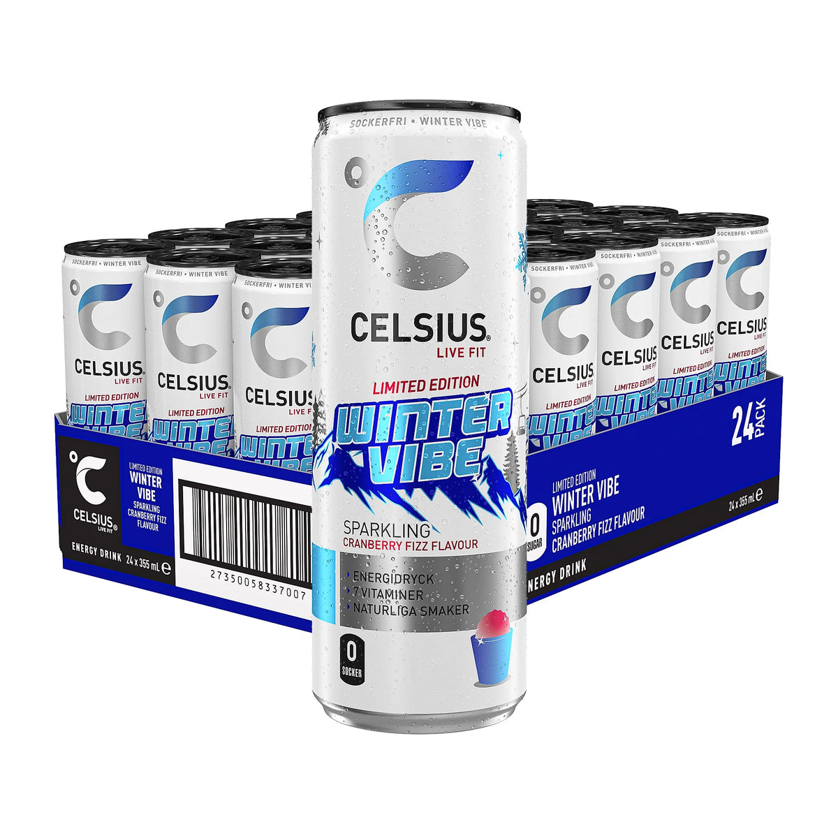 24 x Celsius 355 ml Winter Vibe kolsyrad energidryck i ett 24-pack med vita och blå burkar med smak av tranbär.
