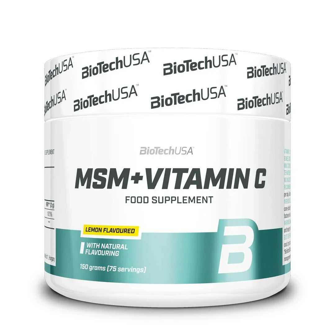 BioTechUSA MSM + Vitamin C 150 g kosttillskott i pulverform, förpackad i en vit burk med turkosa detaljer och smak av citron., bild 1 av 1
