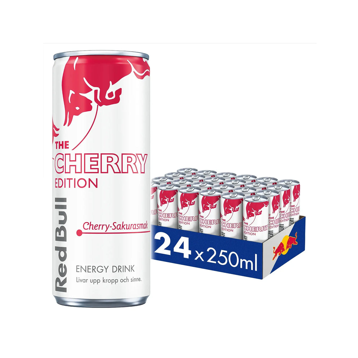 24 x Red Bull 250 ml Spring Edition Cherry-Sakura i ett blått flak med vita och rosa burkar.