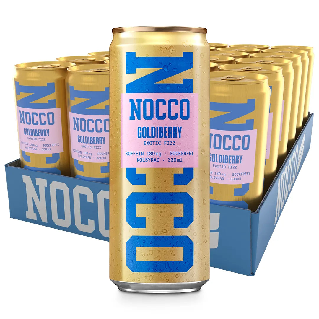 24 x NOCCO Goldiberry 330 ml i ett blått flak med guldiga energidrycksburkar som har blå text och rosa detaljer., bild 1 av 1