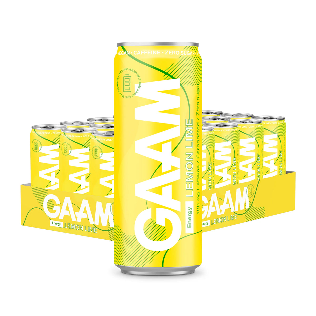 24 x GAAM Energy 330 ml Lemon Lime energidryck i ett gult flak fyllt med gula burkar med gröna detaljer., bild 1 av 1