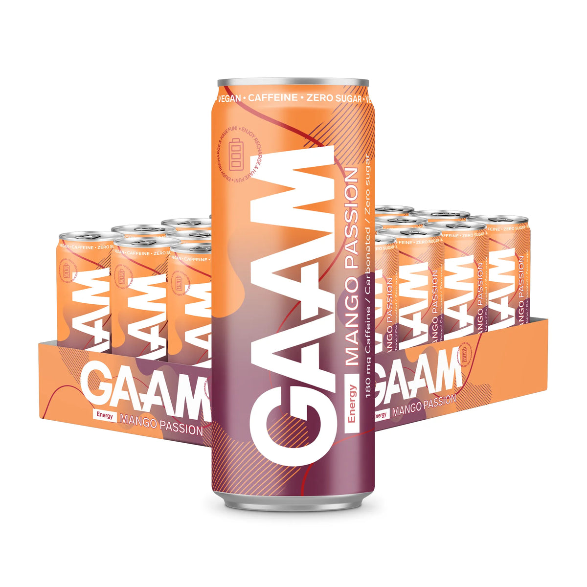 24 x GAAM Energy 330 ml Mango Passion energidryck i ett flak med orange och lila burkar.