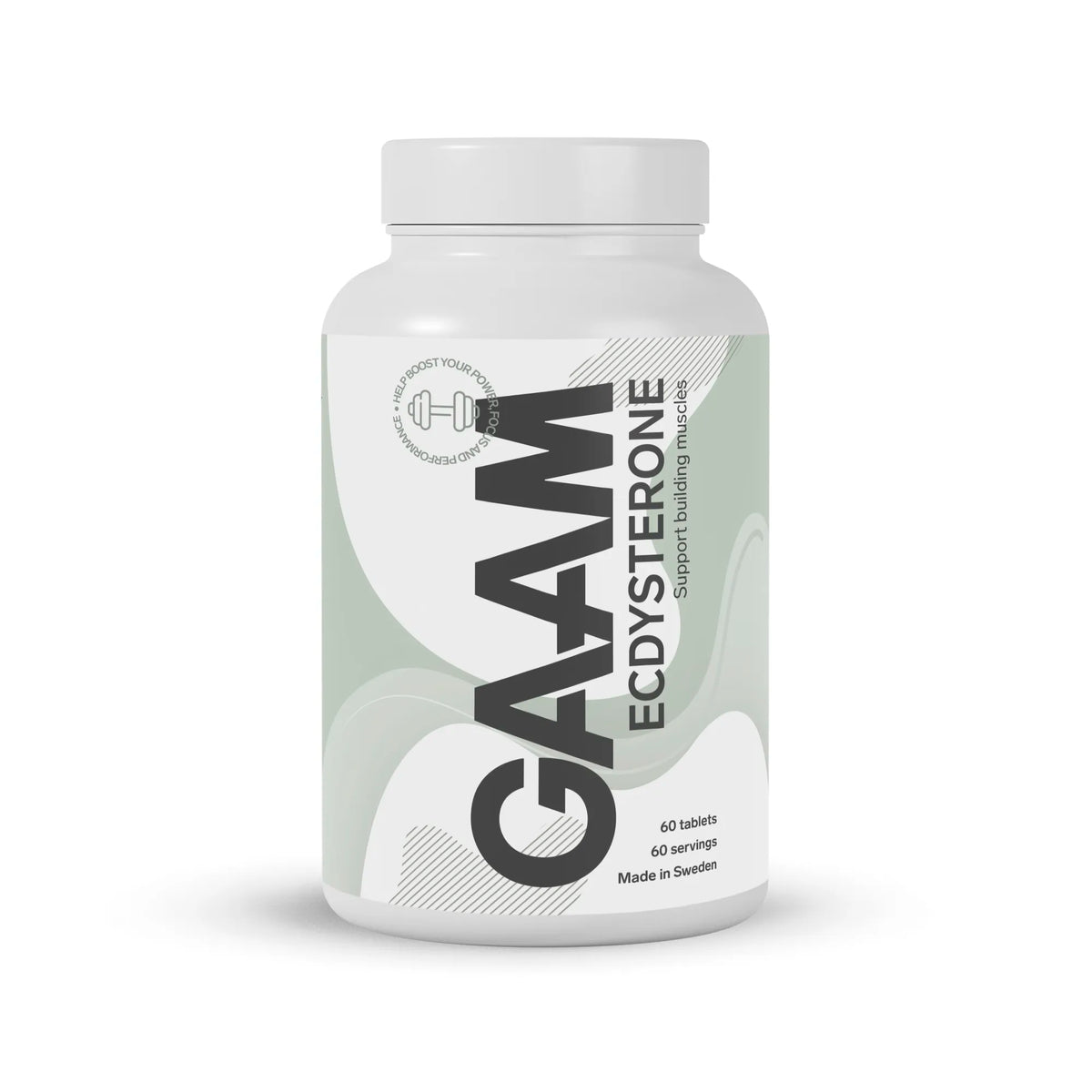 GAAM Ecdysterone 60 tabs kosttillskott i en vit burk med gröna och gråa detaljer på etiketten.