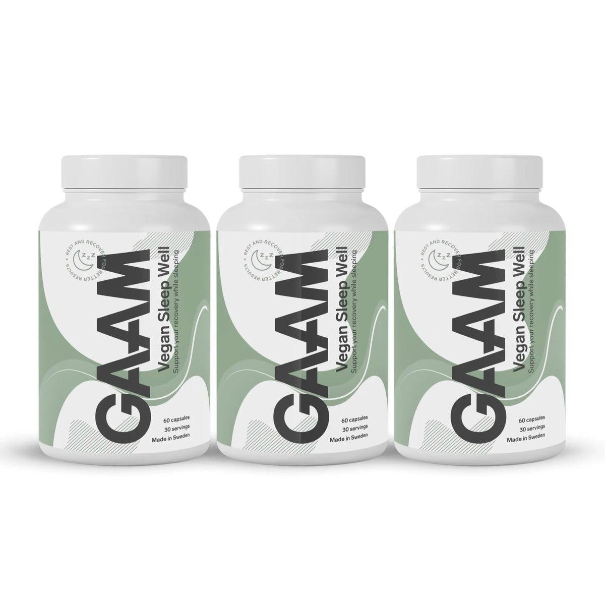 GAAM Vegan Sleep Well 180 caps i tre vita burkar med gröna mönster på etiketten.