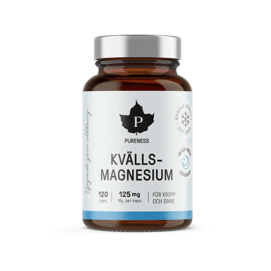 Pureness Kvällsmagnesium 120 caps i en mörkbrun burk med silverlock och vit etikett med ljusblå kant., bild 1 av 1
