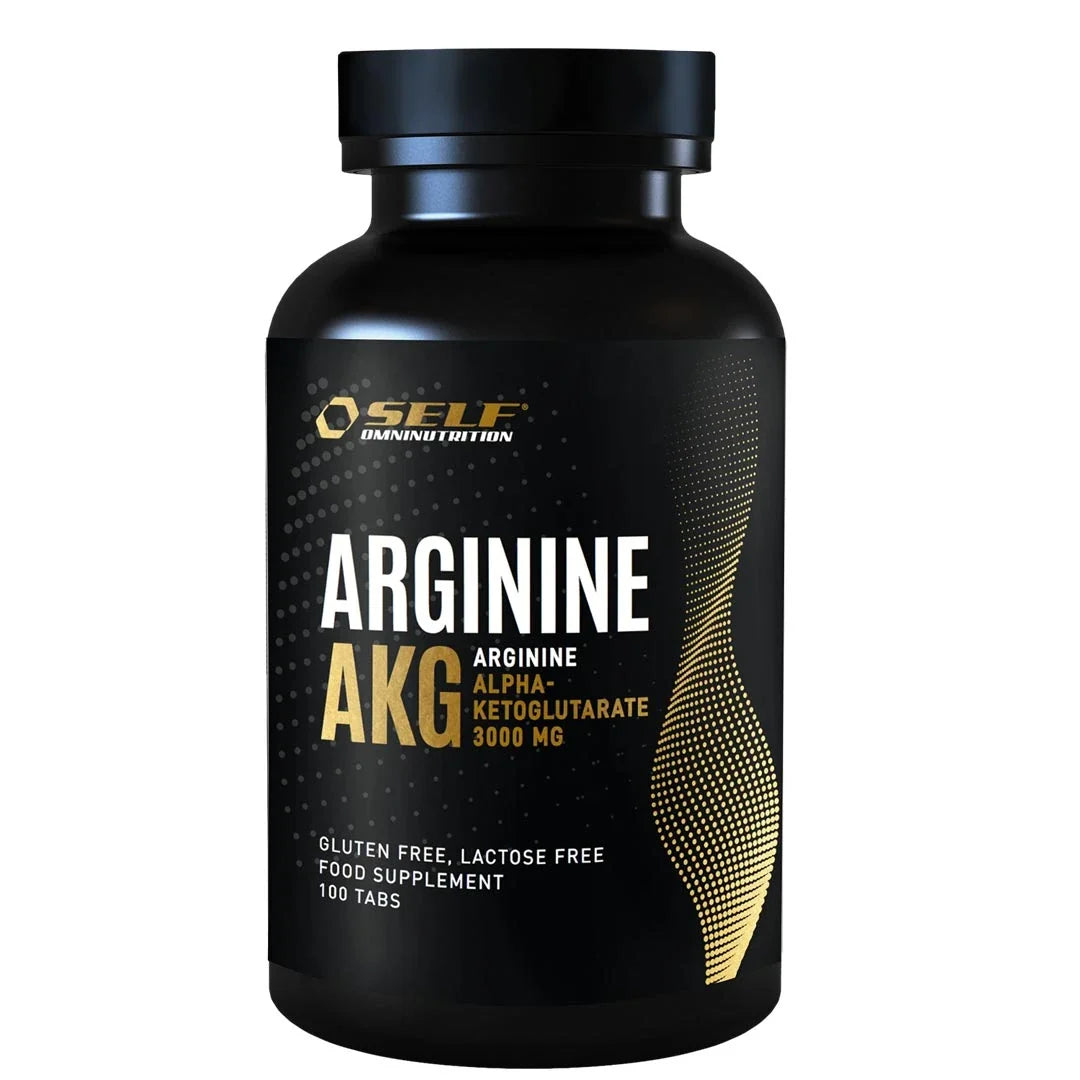 Self Omninutrition Arginine AKG 100 tabs, kosttillskott i tablettform förpackat i en svart burk med guldiga detaljer.