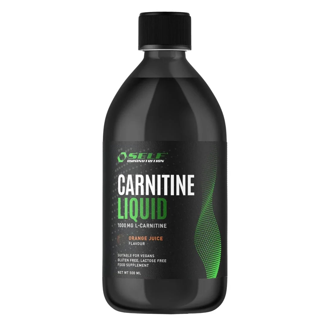 Self Ominutrition Carnitine Liquid 500 ml flytande aminosyror i en svart flaska med smak av apelsin., bild 1 av 1
