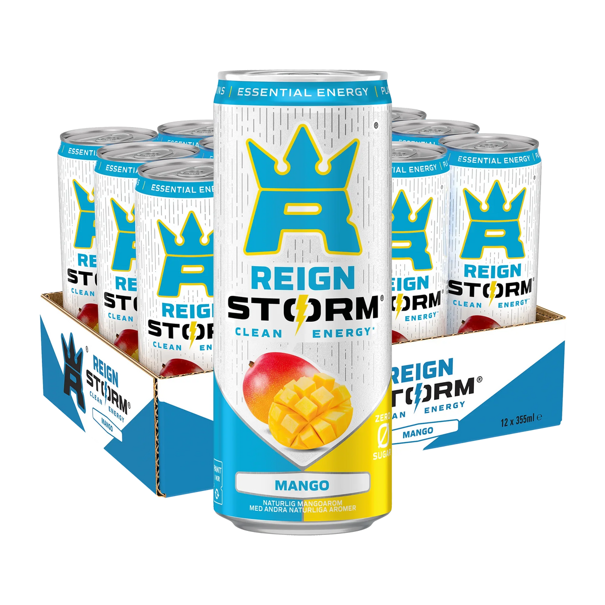 12 x Reign Storm Energy 355 ml Mango i ett blått och vitt flak med matchande vita burkar.