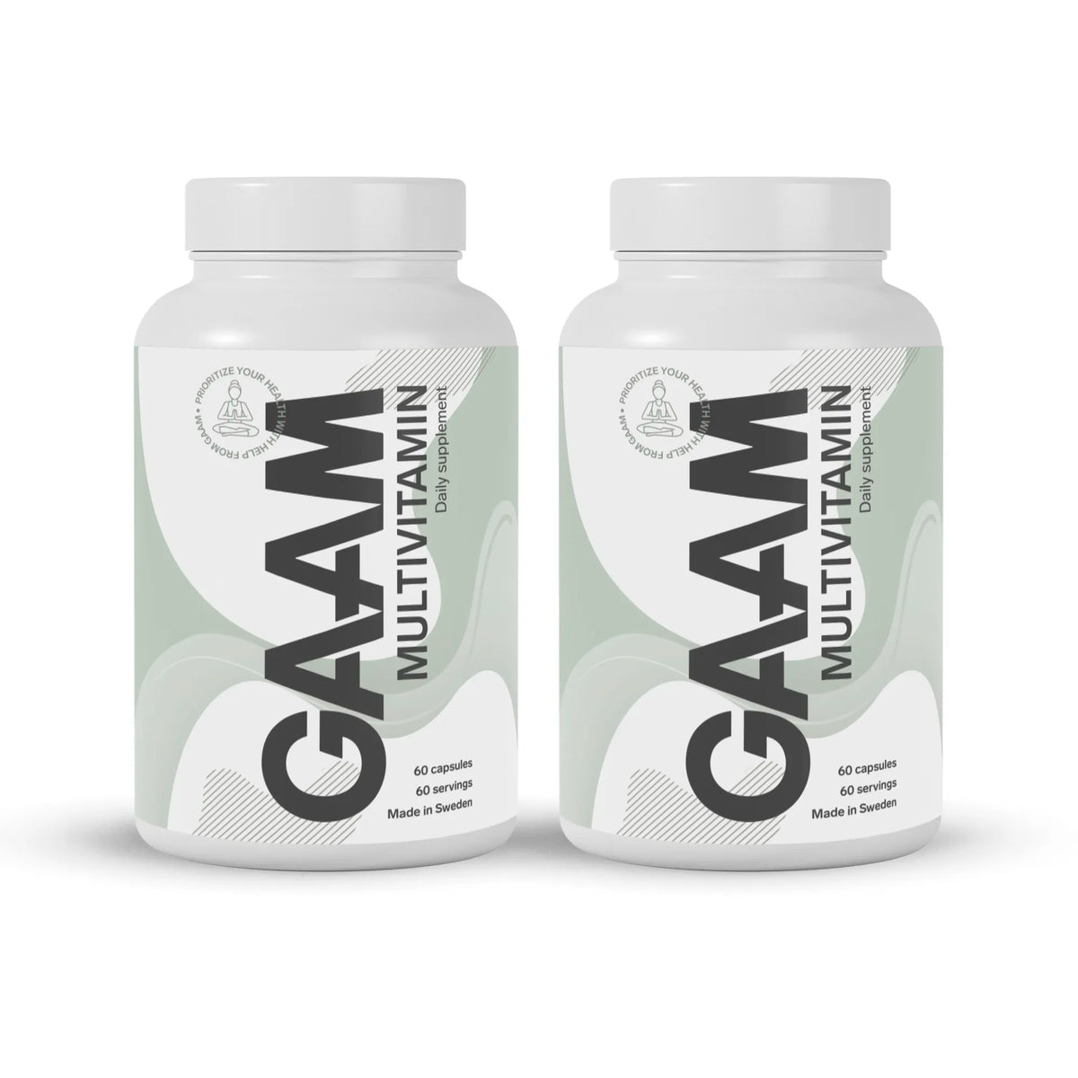 2 x GAAM Multivitamin 60 caps i två vita burkar med ljusgröna detaljer och svart text.