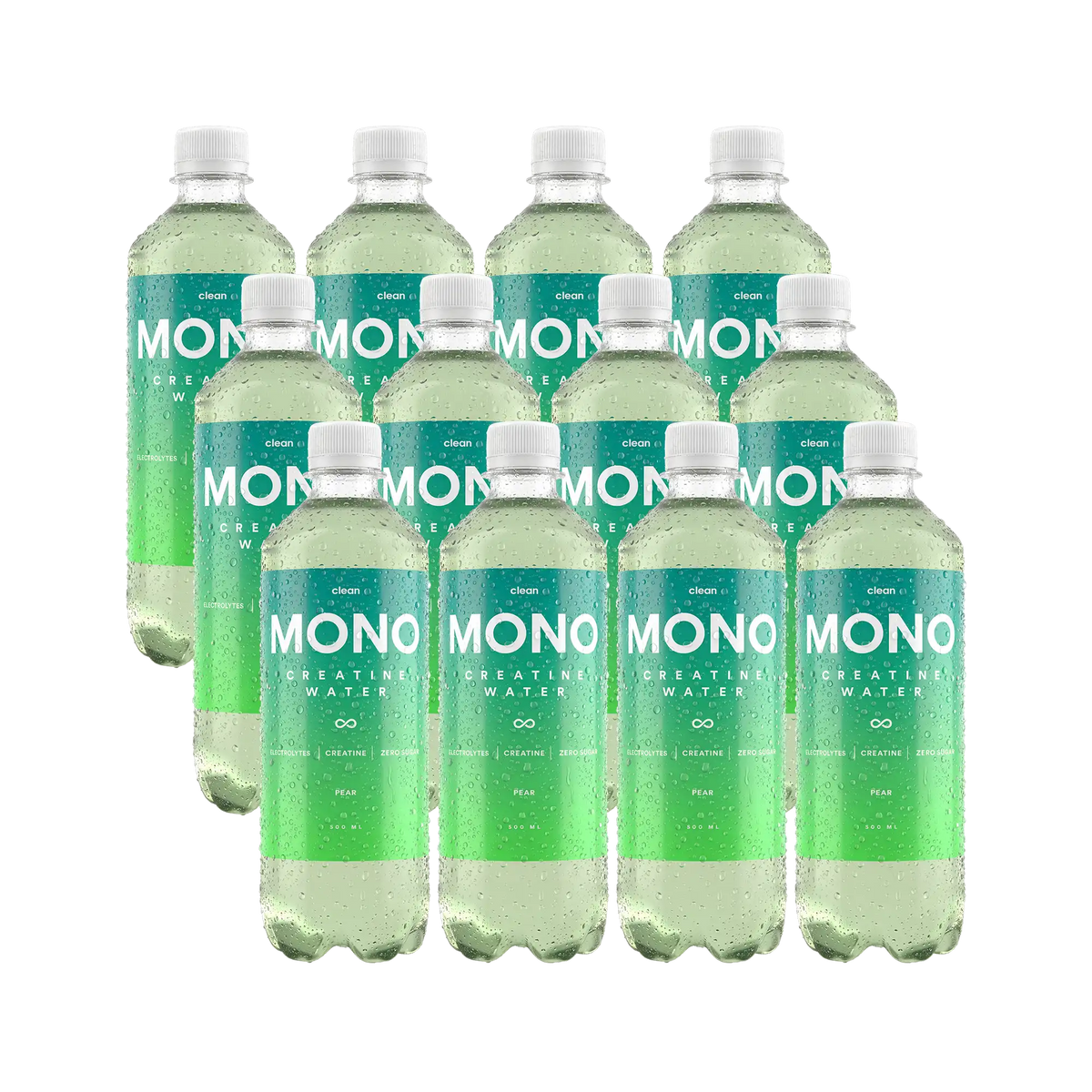 12 x Clean MONO Creatine Water 500 ml Pear i genomskinliga plastflaskor med grön etikett och grå kork.