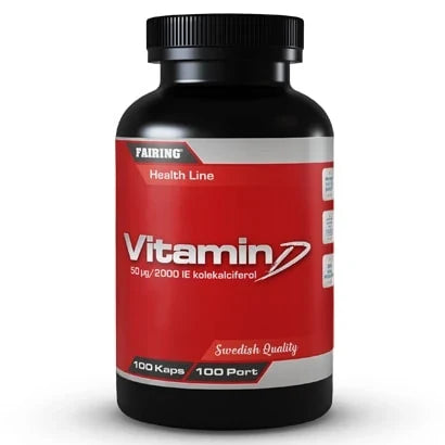 Fairing Vitamin D 100 caps, ett D-vitamintillskott i en svart burk med röd etikett.