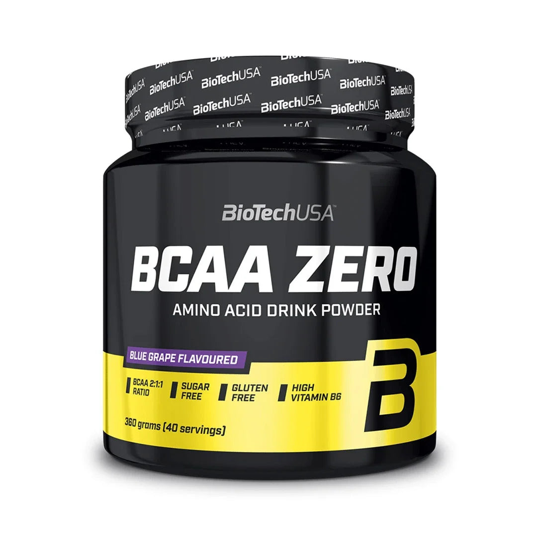 BioTechUSA BCAA Zero 360 g aminosyror i en svart burk med gul etikett och smak av Blue Grape.