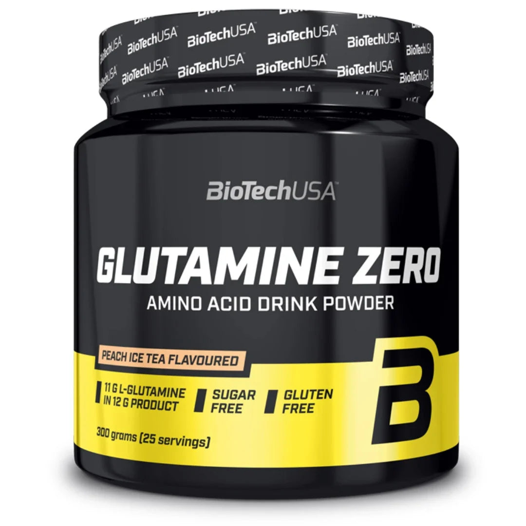 BioTechUSA Glutamine Zero 600 g aminosyrapulver i en svart plastburk med gula detaljer och smaken Peach Ice Tea., bild 1 av 1