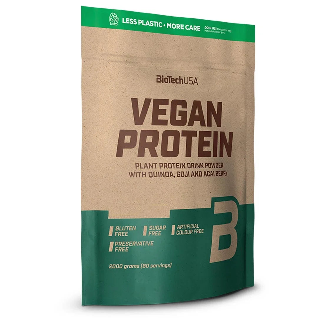 BioTechUSA Vegan Protein 2 kg i en pappersliknande påse med gröna detaljer och text om mindre plast., bild 1 av 1