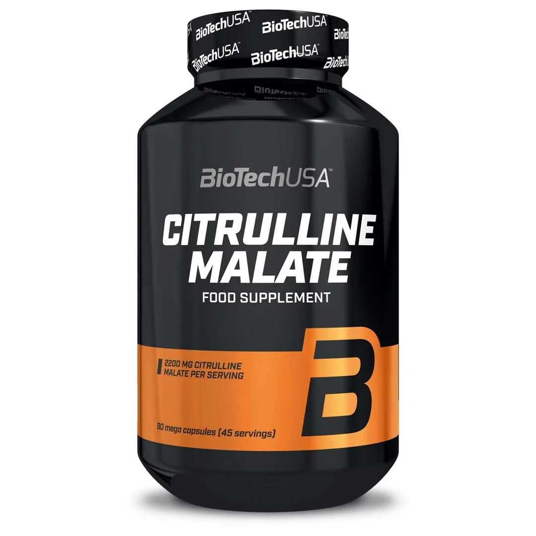 BioTechUSA Citrulline Malate 90 caps kosttillskott förpackat i en svart burk med orangea detaljer., bild 1 av 1