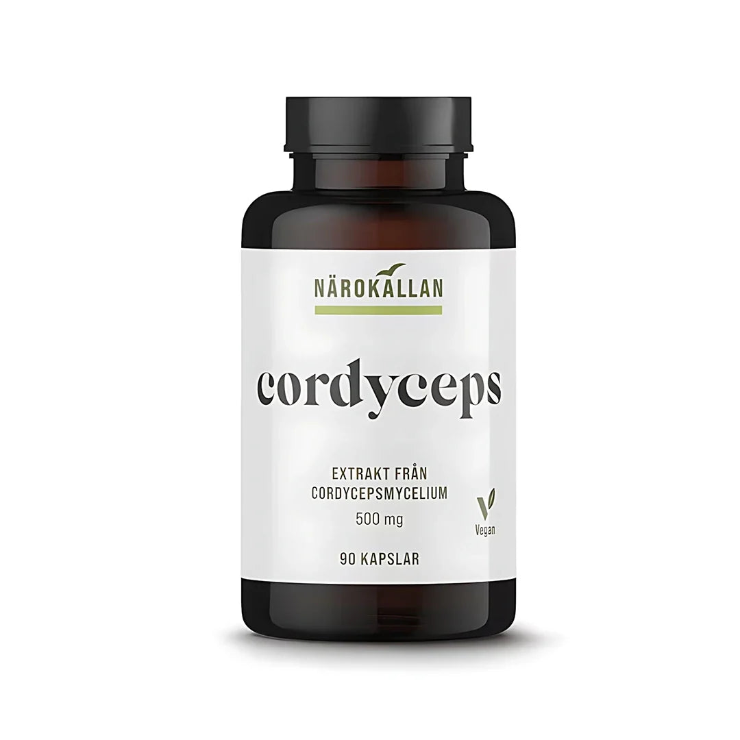 Närokällan Cordyceps 90 caps vegansk hälsokost förpackad i en mörk burk med vit etikett., bild 1 av 1