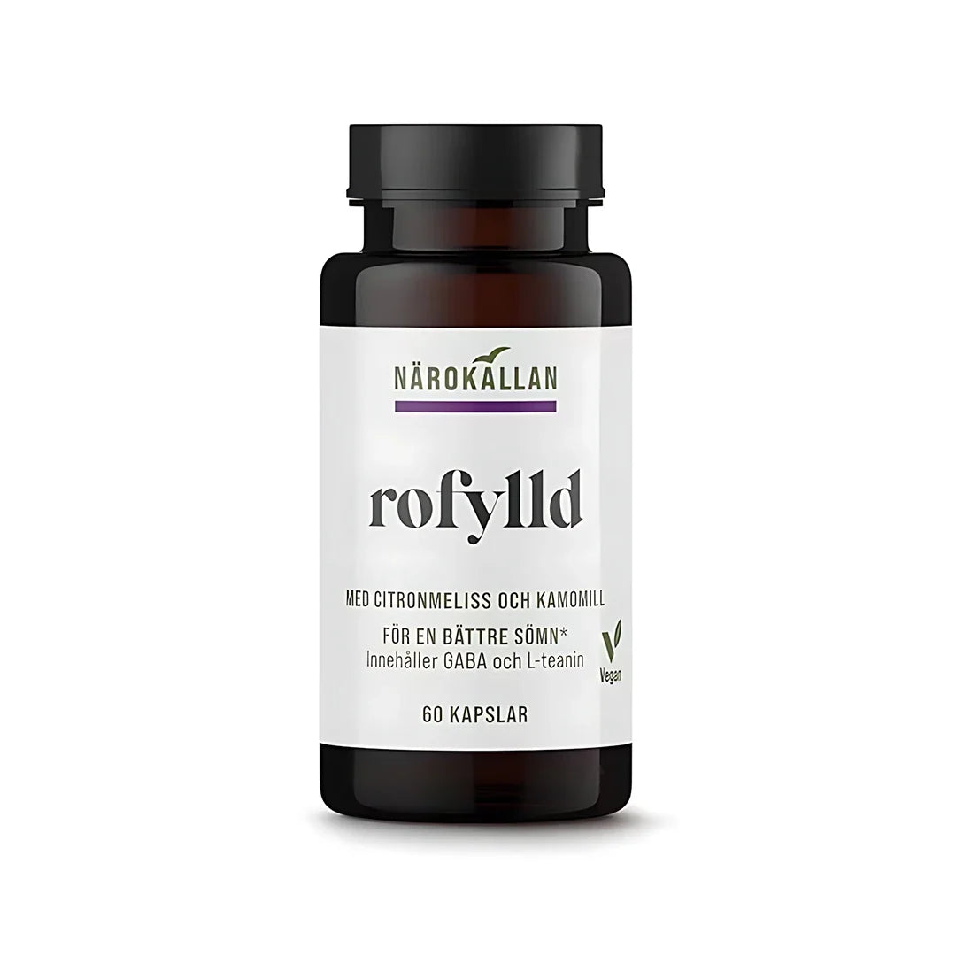 Närokällan Rofylld 60 caps, mörk burk med vit etikett som innehåller kosttillskott för avslappning med citronmeliss och kamomill., bild 1 av 1