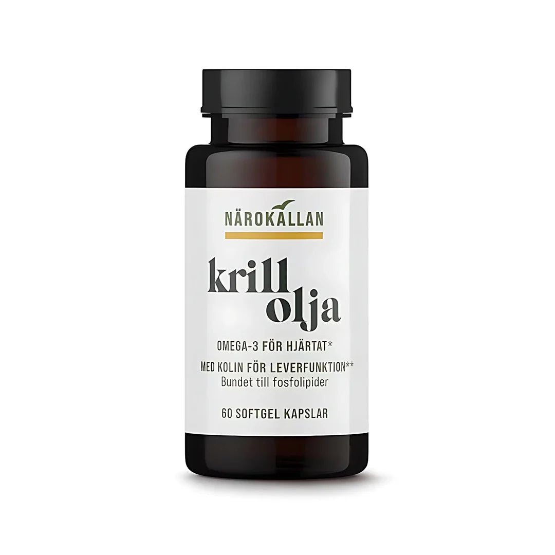 Närokällan Krillolja 60 caps, ett omega-3 kosttillskott i en mörkbrun burk med vit etikett och svart lock., bild 1 av 1
