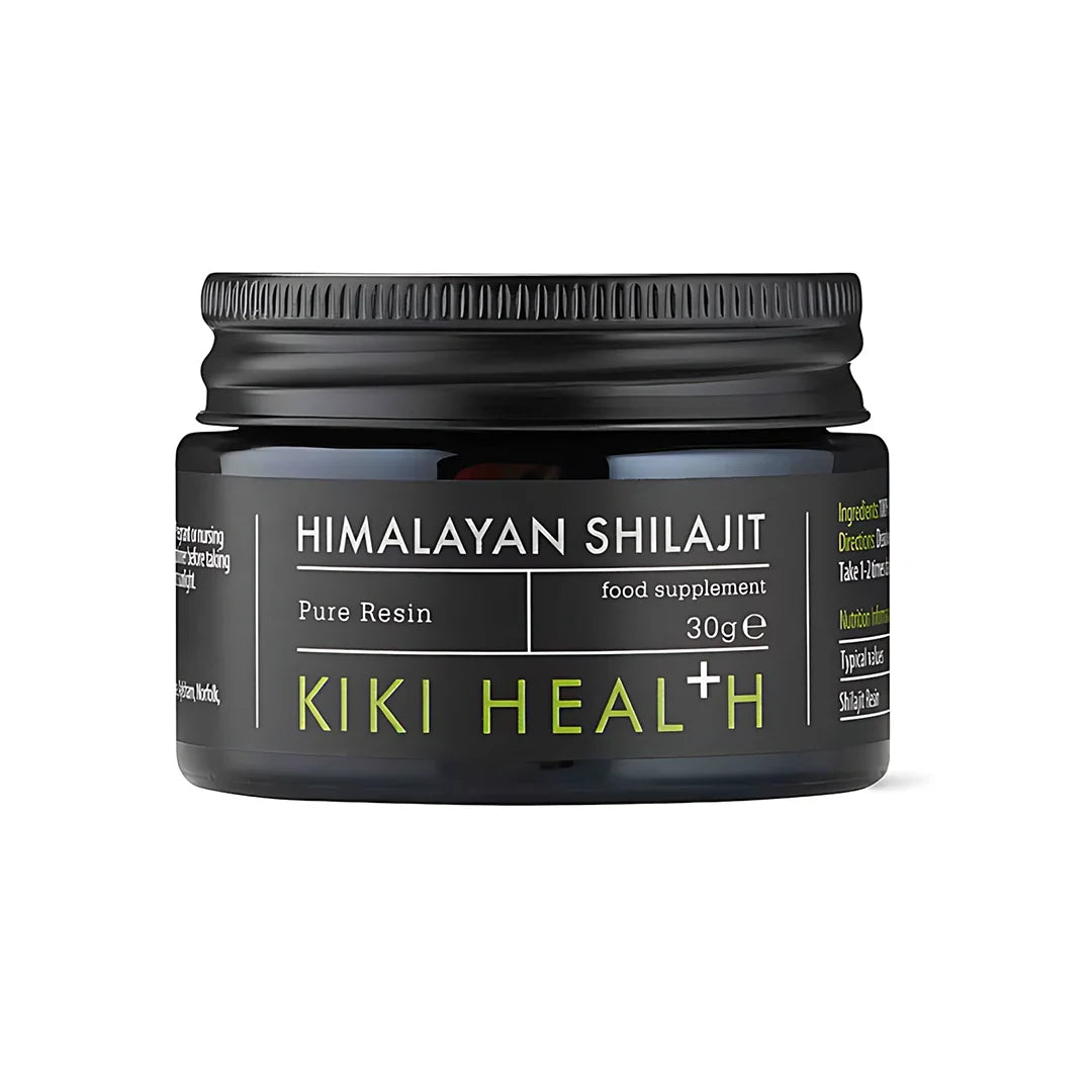 KIKI Health Himalayan Shilajit 30 g i en mörk glasburk med svart lock och svart etikett med gröna detaljer.