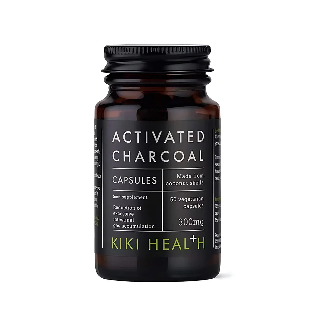KIKI Health Activated Charcoal 50 caps i en mörk glasburk med svart etikett och vita detaljer.
