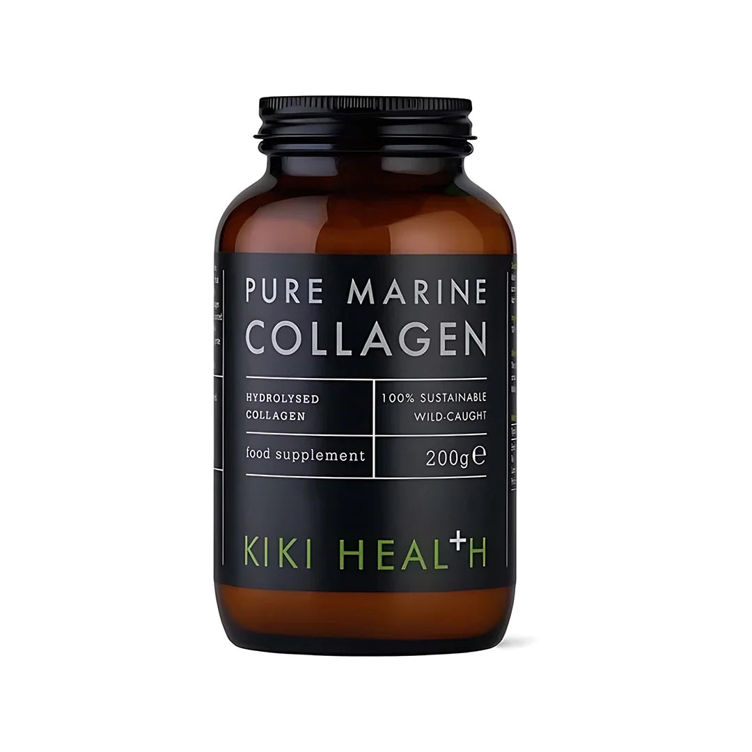 KIKI Health Pure Marine Collagen Powder 200 g i en mörkbrun glasburk med svart etikett och vit text.