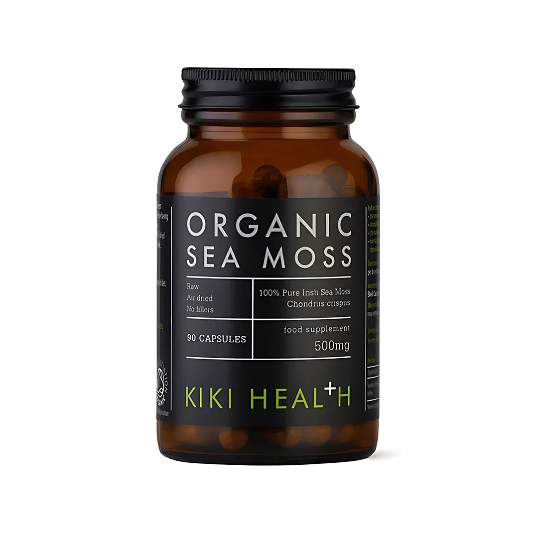 KIKI Health Organic Irish Sea Moss 90 caps i en mörk glasburk med svart etikett.