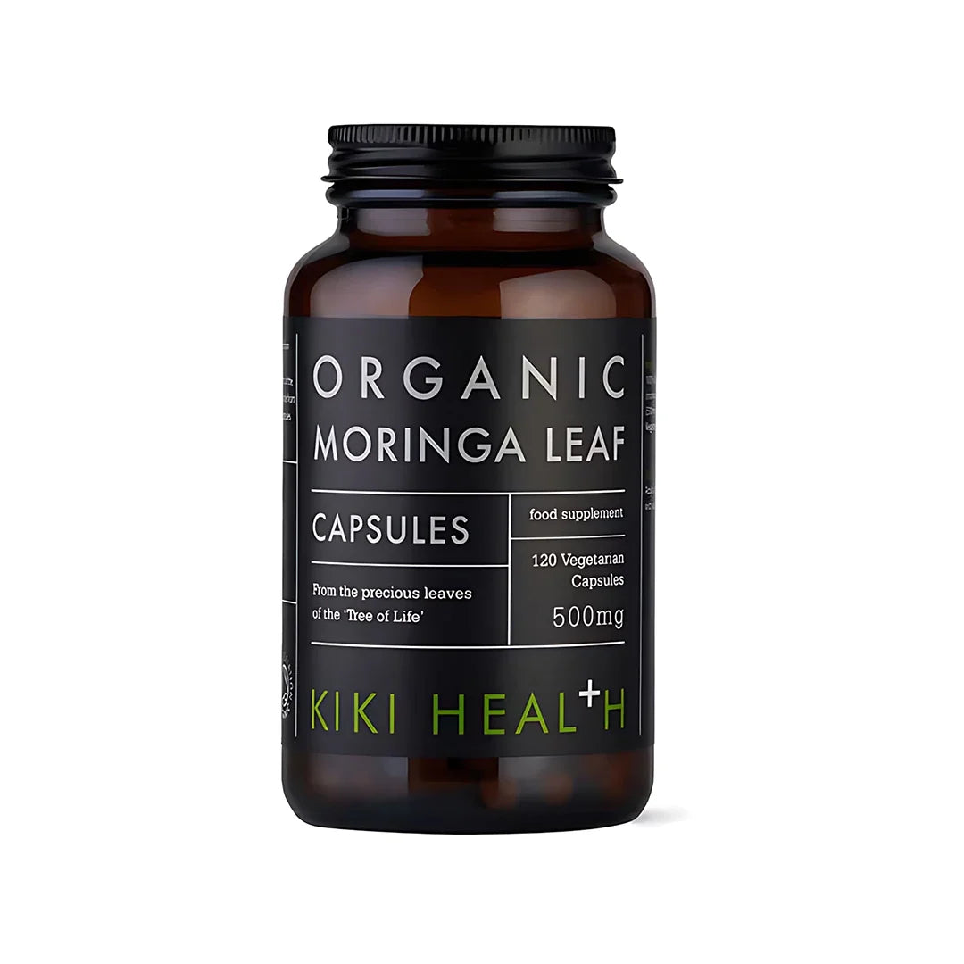 KIKI Health Organic Moringa Leaf 120 caps i en mörkbrun burk med svart etikett.