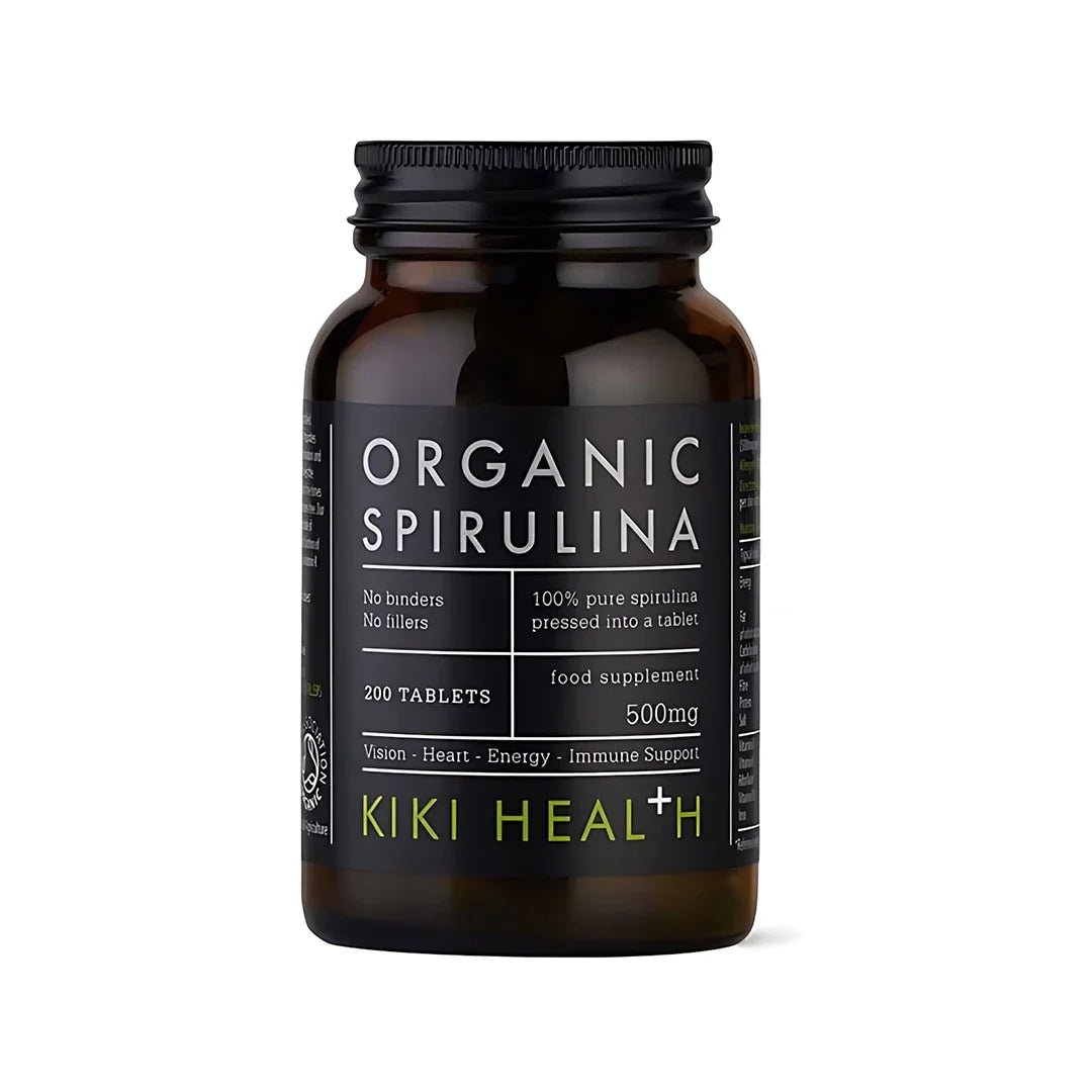 KIKI Health Organic Spirulina 200 tabs i en mörk glasburk med svart etikett och gröna detaljer.