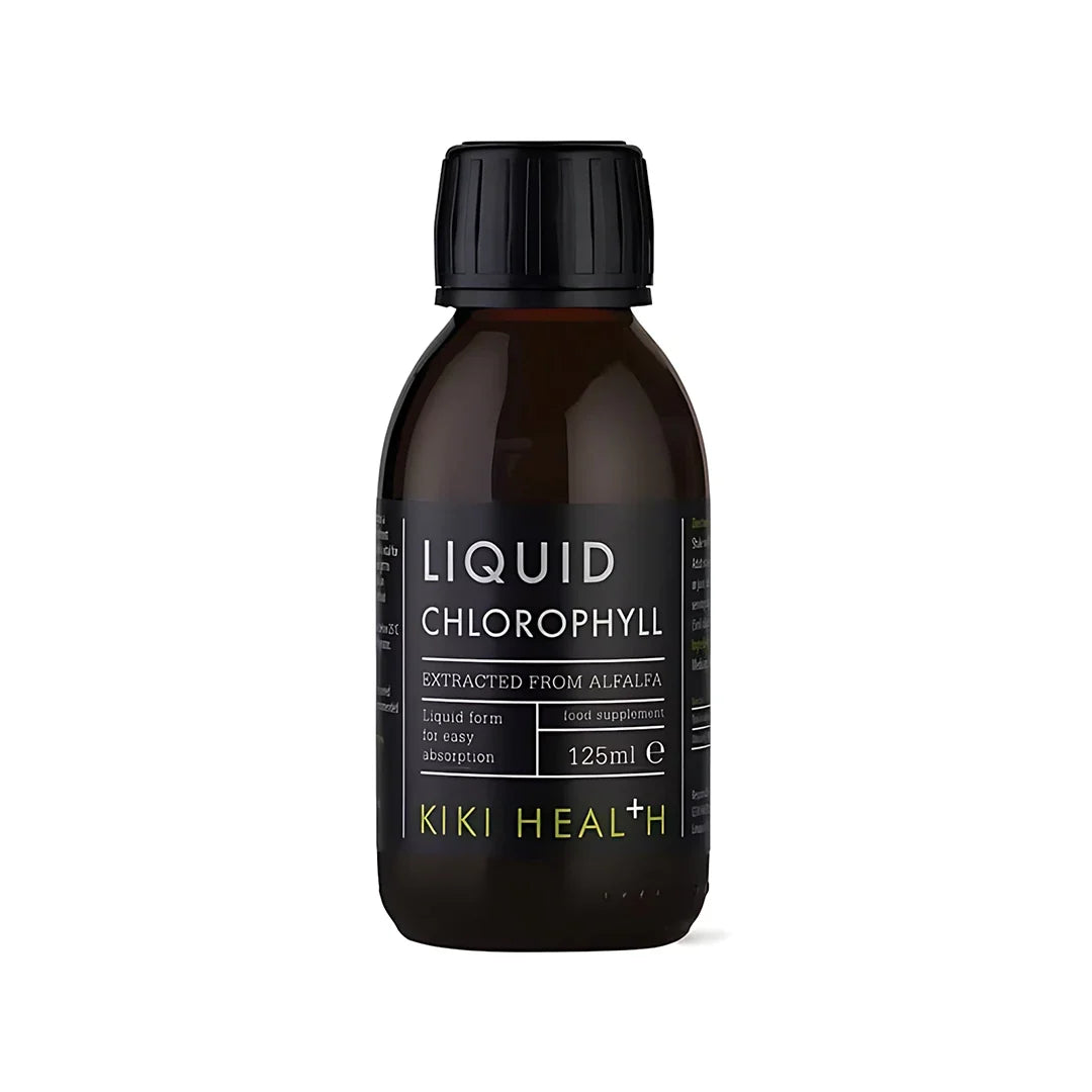 KIKI Health Liquid Chlorophyll 125 ml flytande klorofyll i en mörk flaska med svart etikett., bild 1 av 1