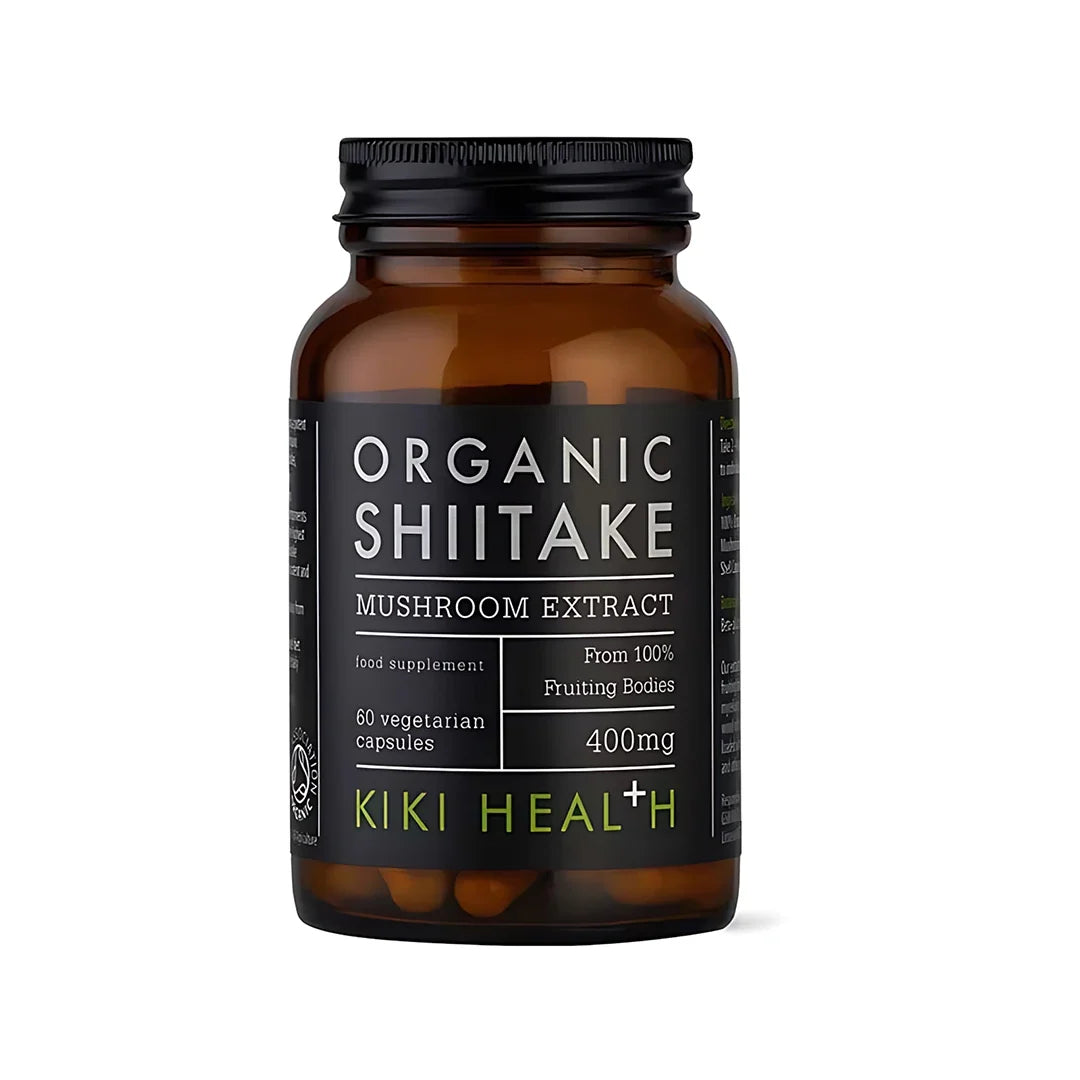 KIKI Health Organic Shiitake Extract Mushroom 60 caps i en brun glasburk med svart etikett., bild 1 av 1