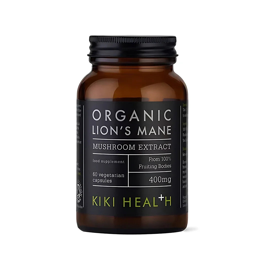 KIKI Health Organic Lions Mane Extract 60 kapslar i en brun glasburk med svart etikett och lock., bild 1 av 1