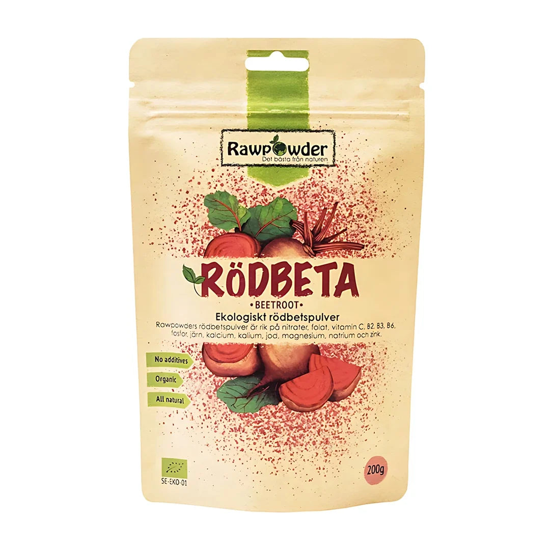 Rawpowder Rödbetspulver 200 g i en beige papperspåse med rödbetsillustrationer och grön logotyp., bild 1 av 1