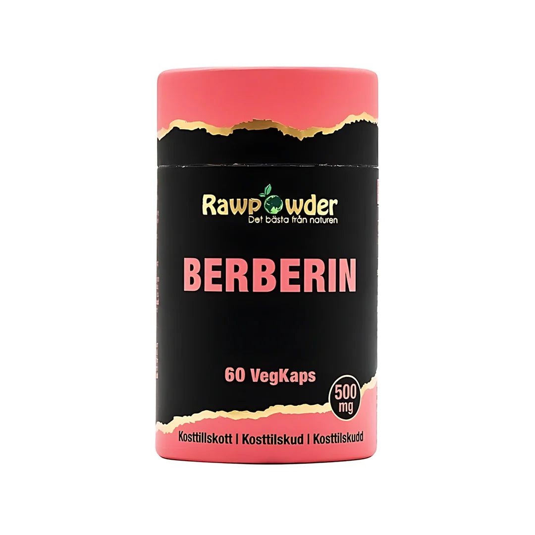 Rawpowder Berberin 500 mg 60 caps kosttillskott i en svart burk med rosa och guldiga detaljer., bild 1 av 1