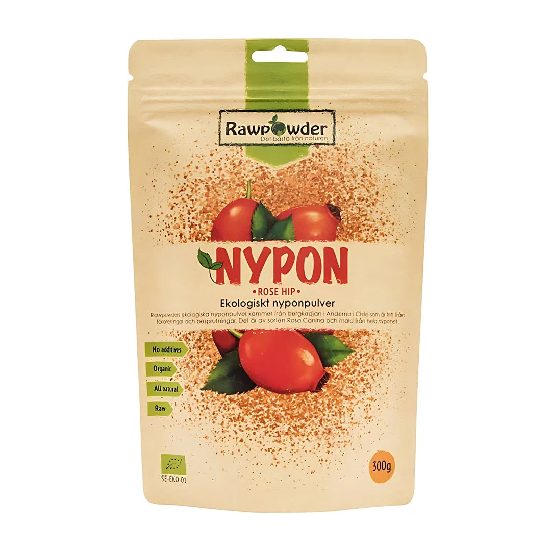 Rawpowder Nyponpulver 300 g i en beige påse med röda nypon och grön text, innehållande ekologiskt pulver av Rosa canina., bild 1 av 1