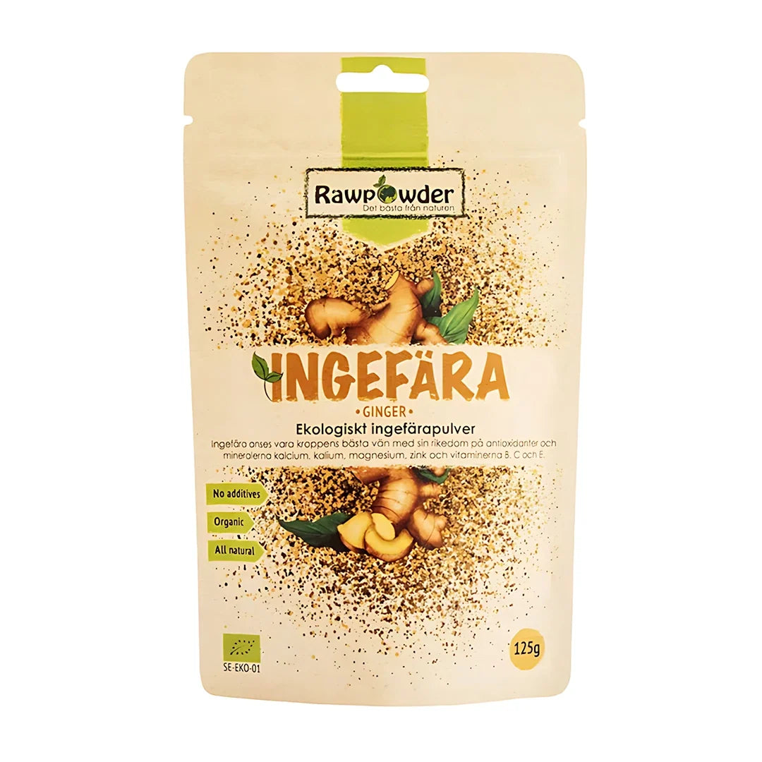 Rawpowder Ingefära pulver 125 g i en beige påse med gröna detaljer och illustration av ingefära, för matlagning och dryck., bild 1 av 1