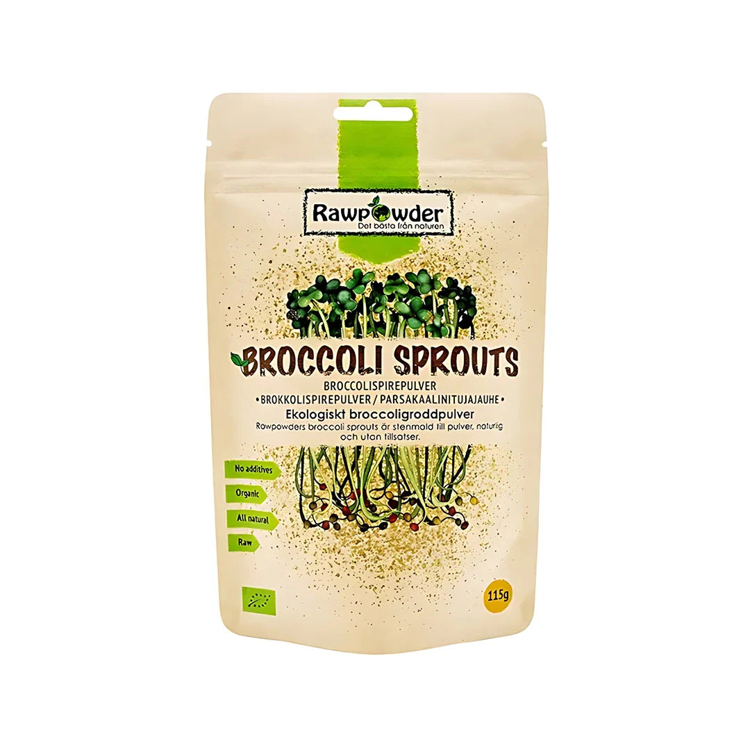 Rawpowder Broccoligroddar pulver 115 g i en beige påse med gröna detaljer och broccoligroddar.
