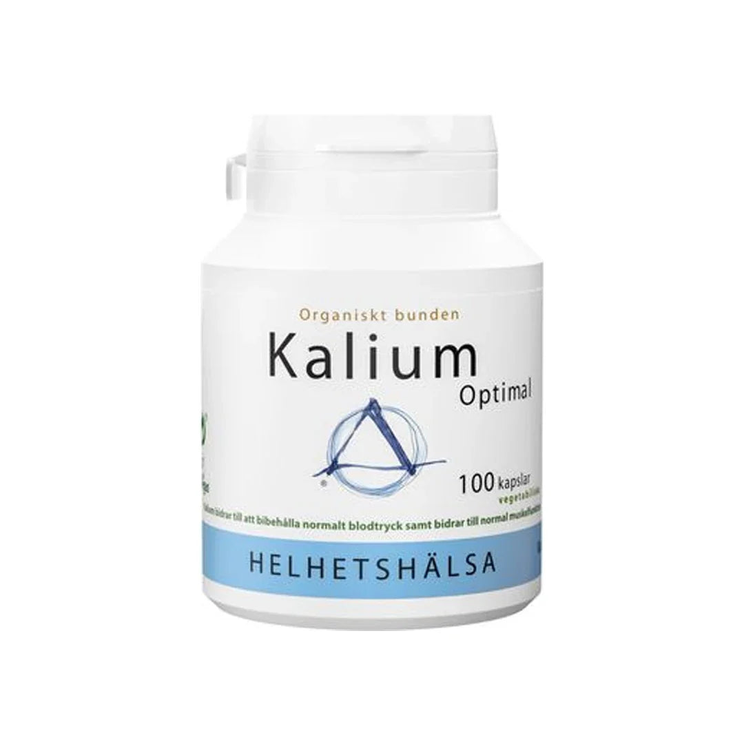 Helhetshälsa Kalium Optimal 100 caps i en vit burk med blå och svarta detaljer, innehållande kaliumcitrat., bild 1 av 1